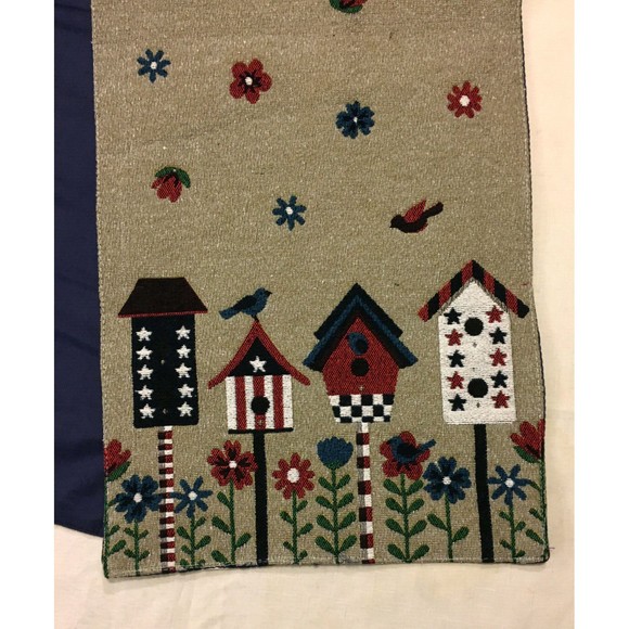 Off the Loom Bird House Floral Table Runner 13 x 71 Woven Patriotic July 4th - Picture 2 of 8